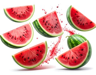 Vibrant image of watermelon slices and a whole melon against a white background