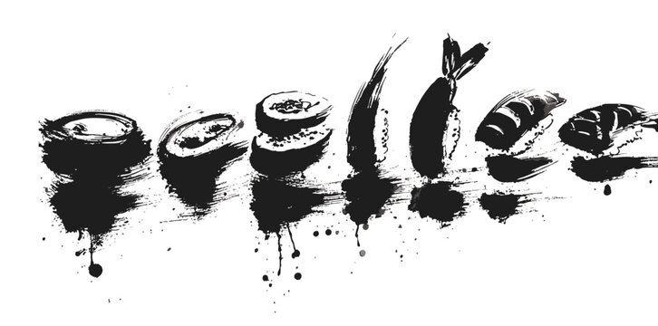 Hand painted oriental asian sushi icons set in traditional black ink brush stroke drawing style