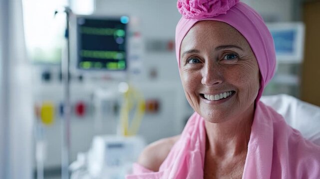 Footage A patient in a hospital bed with a pink towel wrapped around her head