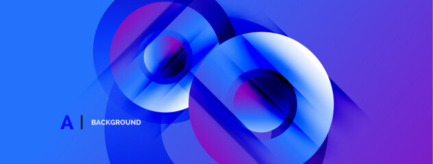 Abstract blue design features layered circular shapes. Gradient colors create dynamic visual effect. Modern, vibrant background.