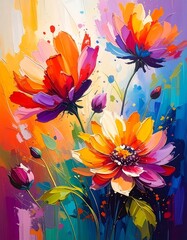 Vibrant, impressionistic painting of colorful blooming flowers