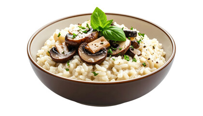 Mushroom Risotto Served in a Dark Brown Bowl Garnished with Fresh Basil and Parsley Isolated Transparent Background
