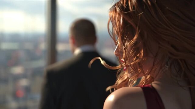 Realistic High-Quality Close-Up Video of a Woman and a Man Standing on a Skyscraper Observation Deck in the Wind, Hair and Clothing in Motion, Urban Height, Emotional Cinematic Atmosphere