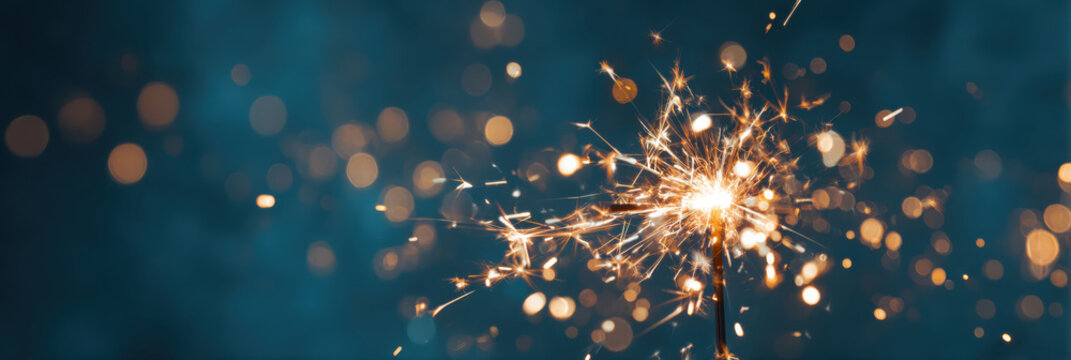 Close up of a bright festive sparkler against a blurred dark background with warm bokeh lights - Powered by Adobe