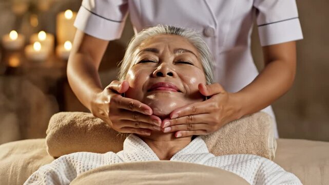Senior Woman Enjoying Facial Massage - An older woman with gray hair is receiving a facial massage at a spa.