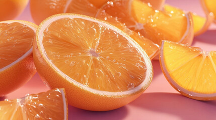 Fresh pink grapefruit slices, create long shadows on a bright background