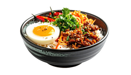 Nasi Liwet A Savory Indonesian Rice Dish With Toppings Of Minced Meat Shredded Vegetables And A Perfectly Cooked Egg Served In A Dark Ceramic Bowl Isolated Transparent Background