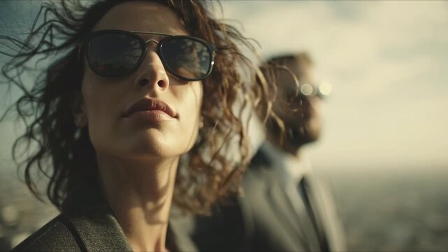 Realistic High-Quality Close-Up Video of a Woman and a Man Standing on a Skyscraper Observation Deck in the Wind, Hair and Clothing in Motion, Urban Height, Emotional Cinematic Atmosphere