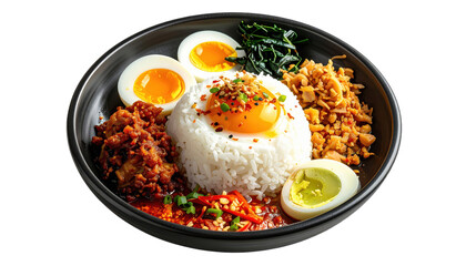 Nasi Liwet Rice Bowl With Fried Egg Boiled Eggs Vegetables and Savory Toppings Isolated Transparent Background