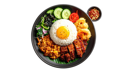 Nasi Pecel With Egg Yolk and Fried Shrimp Served on Banana Leaf Isolated Transparent Background