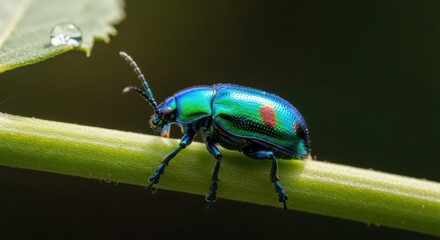 Vibrant emerald green beetle with red markings clings to a green stem