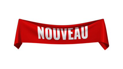 Banderole en tissus rouge avec le texte NOUVEAU - rendu 3D sur fond transparent