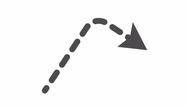 Animated dashed curved arrow pointing direction in transparent background. Navigation line art in a cartoon animation. Minimalist progress performance symbol.