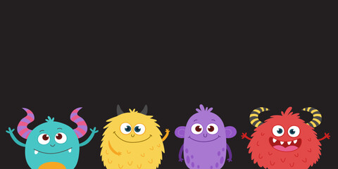 Cute cartoon mmonsters banner with copy space on dark background. Funny colorful fantasy characters for kids design.