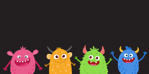 Cute cartoon monsters banner on dark background. Funny colorful fantasy characters for kids design.