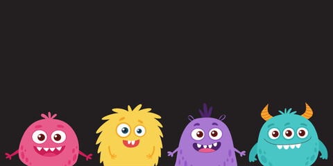 Cute cartoon monsters banner with copy space on dark background. Funny colorful kids characters in flat vector style.