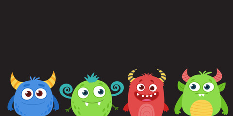 Cute cartoon monsters banner. Funny colorful kids characters on dark background. Friendly fantasy creatures in flat vector style for headers, websites and children’s designs.
