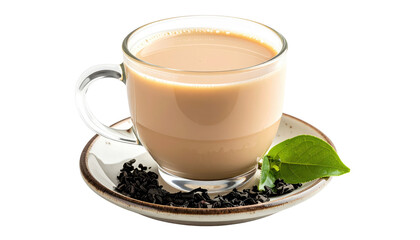 Oolong Milk Tea In A Clear Glass Cup With Saucer And Tea Leaves Isolated Transparent Background