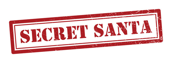 Secret Santa red rubber stamp style illustration with distressed texture isolated on white background, holiday gift exchange label, festive Christmas typography design for seasonal promotions