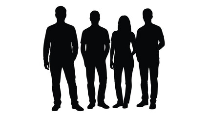 Four people standing together in a dark solid form a striking silhouette