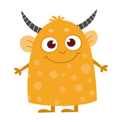 Cute orange monster character. Friendly cartoon fantasy creature with horns and smile. Kids vector illustration.