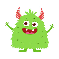 Cute Green Monster Character. Friendly Cartoon Creature. Flat Vector Illustration for Kids. Isolated on White Background