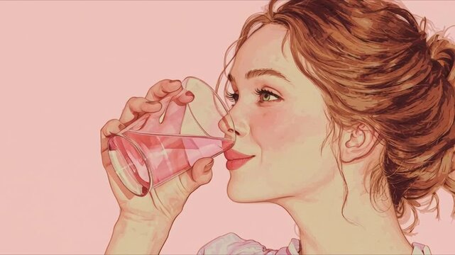 A charming animated painting of a very young woman gracefully drinking water from a pink glass against a soft pink background. Poetic mood, fluid movement, artistic visuals