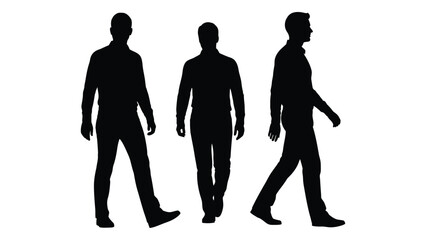 Three men walking in different poses are depicted as a striking black silhouette