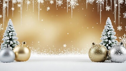 Festive winter holiday background with snow covered trees gold and silver baubles and icicles Christmas