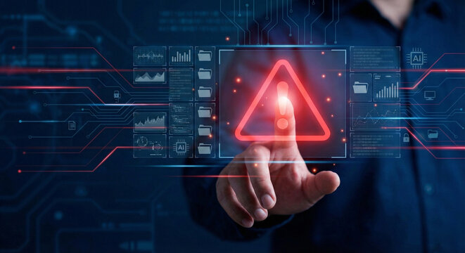 Warning alert icon with a hacked system. malicious software, virus, spyware, malware, or cyberattacks on computer networks. Security on the internet and online scam. Digital data is being compromised. - Powered by Adobe