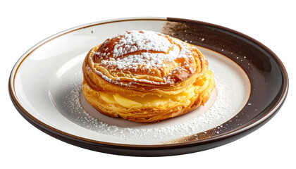 Pastel De Papa A Deliciously Crafted Puff Pastry Filled with Cream and Dusted with Powdered Sugar Served on a Ceramic Plate Isolated Transparent Background