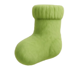 a fluffy green sock with a ribbed top and rounded toe isolated and rendered in a soft style on