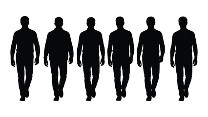 A row of six men walking forward depicted in a stark black silhouette