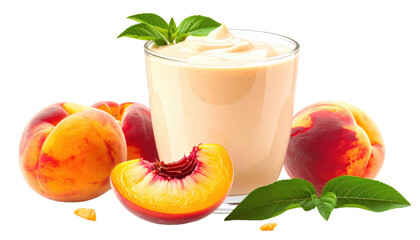 Peach Yogurt Smoothie in Glass Surrounded by Fresh Peaches and Mint Leaves Isolated Transparent Background