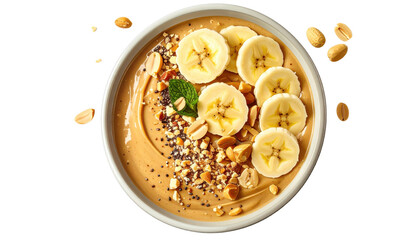 Peanut Butter Banana Smoothie Bowl Topped with Fresh Banana Slices and Mint Isolated Transparent Background