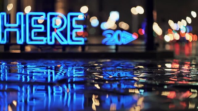 Blue neon here sign with arrow reflecting on wet pavement during rainy night, urban location direction and navigation concept for city guide
