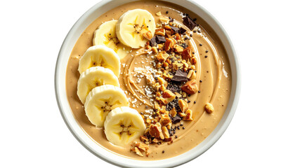 Peanut Butter Banana Smoothie Bowl Topped With Sliced Bananas Granola And Chocolate Chunks Isolated Transparent Background