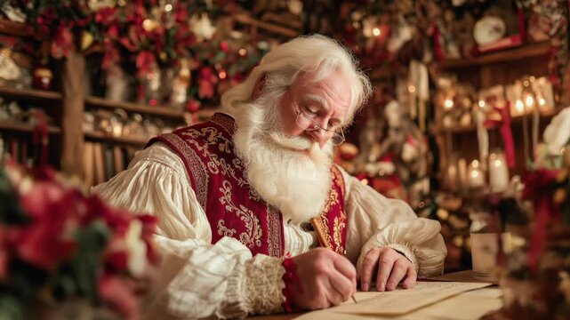 Santa is in his workshop writing letters to children. The space is filled with decorations and warm lights that create a joyful atmosphere during Christmas time.
