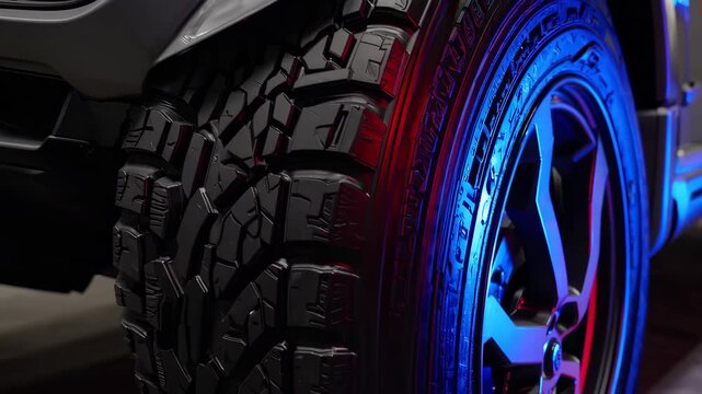 Detailed close-up of rugged all-terrain car tire tread with dramatic blue and red lighting, automotive industry and transportation safety concept
