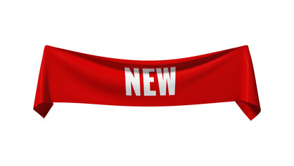 Red fabric banner with the text NEW - 3D rendering on a transparent background