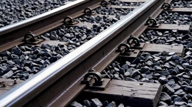 Close-up view of steel railroad tracks and wooden sleepers on gravel, transportation industry and logistics delivery concept