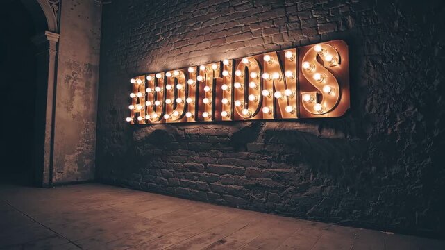 Vintage illuminated auditions marquee sign on brick wall in grunge interior, theater casting and performance announcement concept