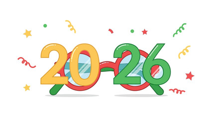 Fototapeta premium Party Eyeglasses for New Year 2026 Celebration with Confetti Elements Vector