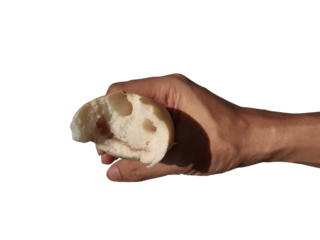 Holding a loaf of bread, isolated on a PNG background.	