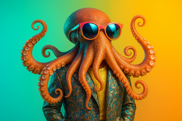 Obraz premium Octopus wearing sunglasses and ornate suit on teal to yellow gradient background, quirky elegant sea creature character portrait 