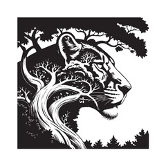 Side View Panther Face with Trees and Branches Growing Out, Nature Art Vector
