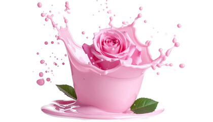 Pink Rose Milk Splash Beverage in Cup with Leaves Isolated Transparent Background