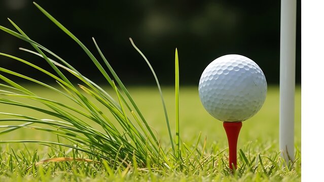 Golf ball on red tee in green grass with flagstick in background