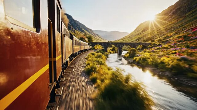 Vintage steam train traveling fast through scenic mountain valley with river and stone bridge at sunset