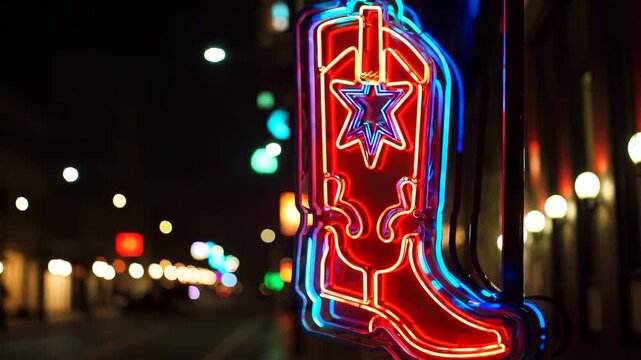Vibrant neon sign shaped like cowboy boot with star glowing on night street, western country bar symbol and nightlife entertainment decoration